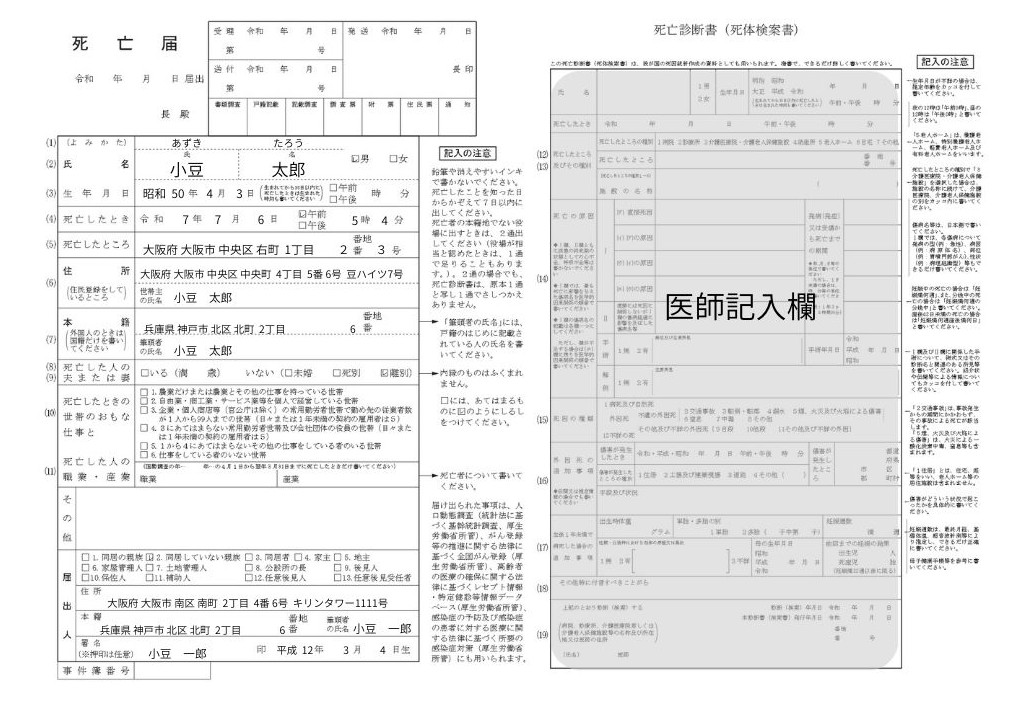 死亡届の記入例（見本）