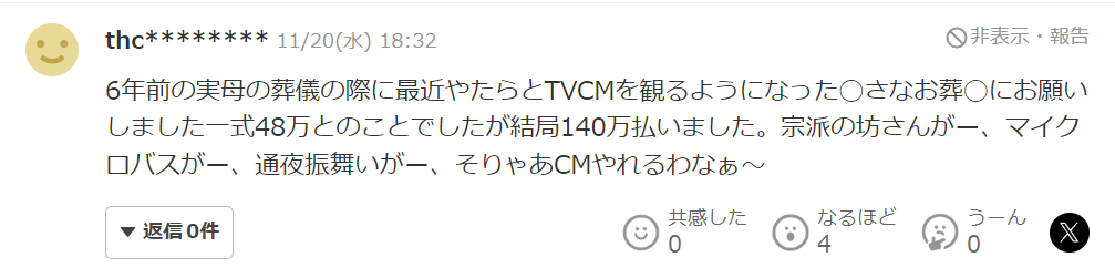 6年前の実母の葬儀の際に最近やたらとＴＶＣＭを観るようになった〇さなお葬〇にお願いしました。（中略）結局140万払いました。